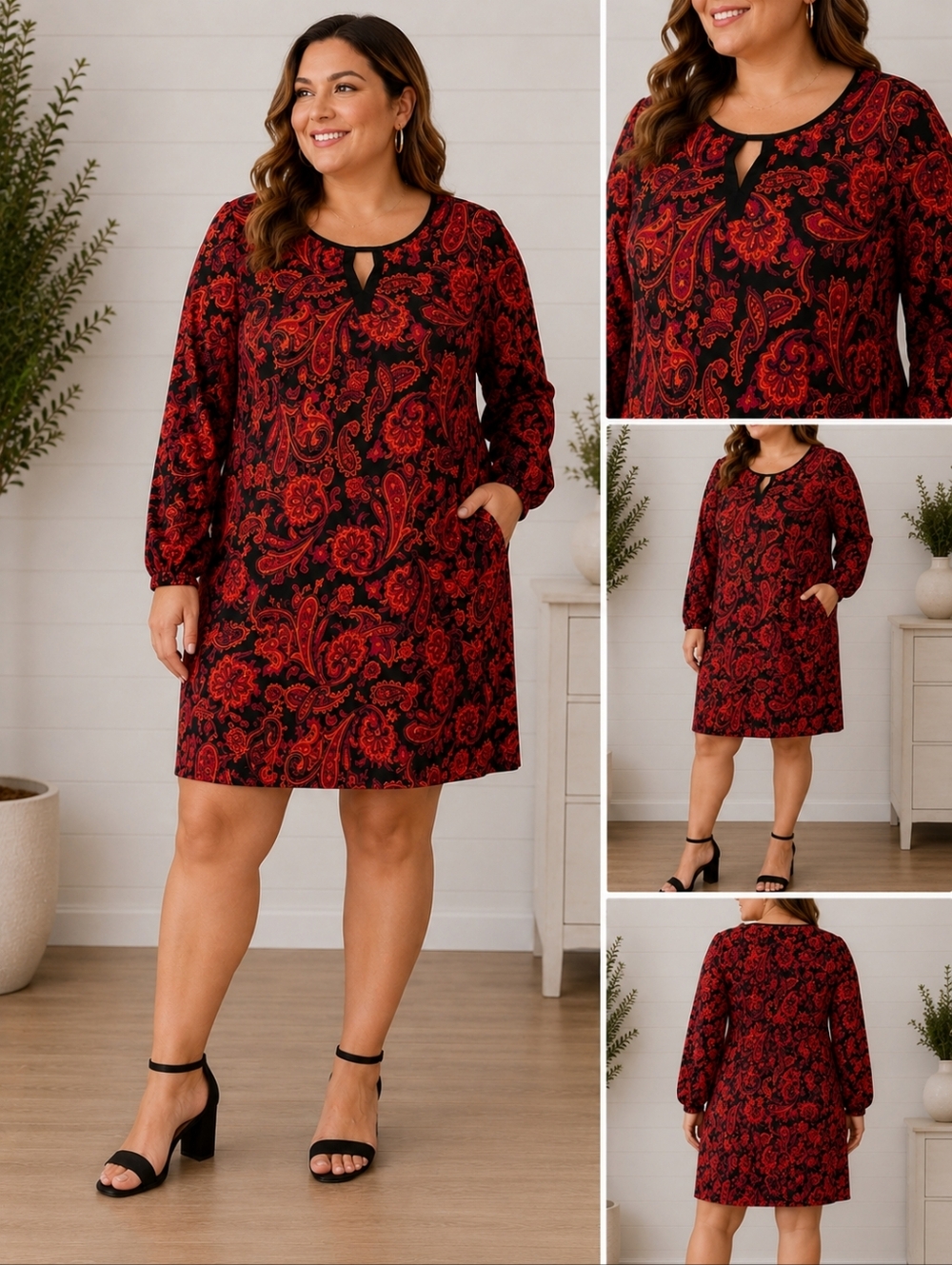 NY Collection Red and Black Paisley Midi Dress
